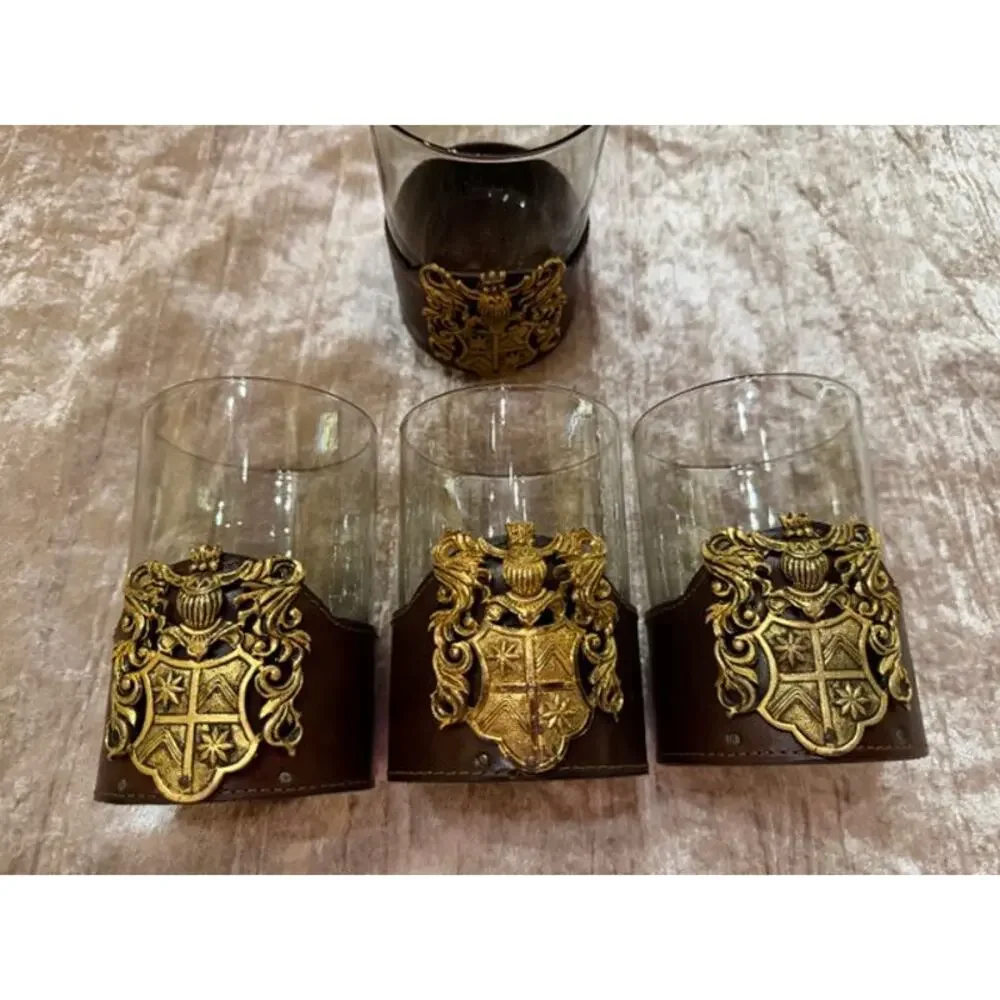 Vintage Leather Bound Rocks Glasses Set of 4 Medieval Shield Man Cave Bar